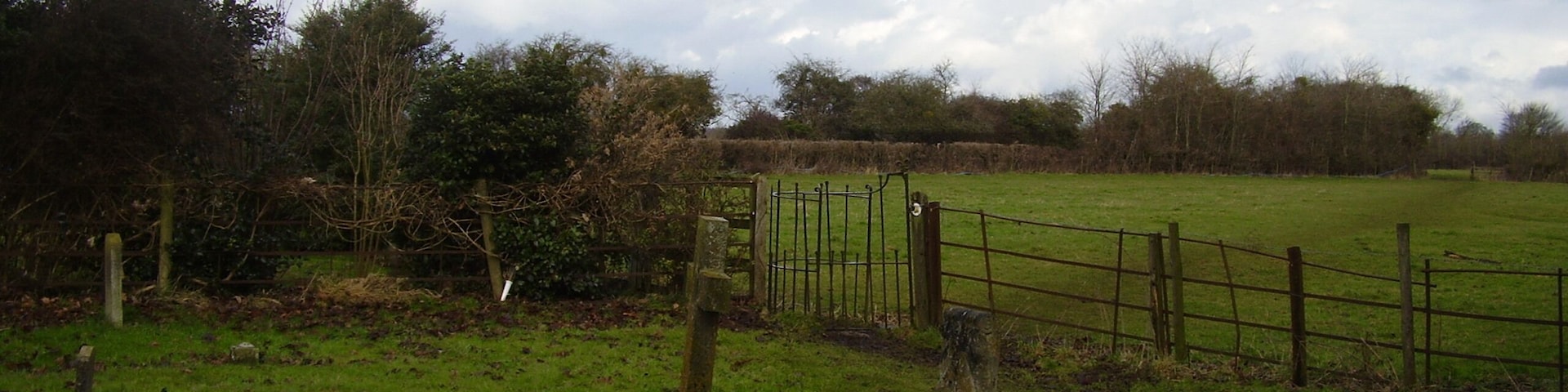 A rural landscape with a grassy field, a wooden fence, and a stone marker.