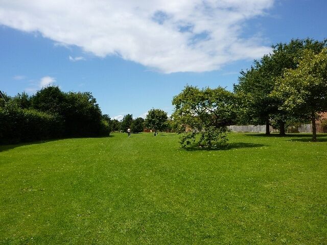 Green Space between houses. Following the sign, (see 1411222), you encounter a nice green space, but you mustn't practice your golf, see 1411228.