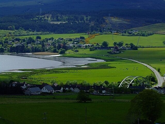 A zoom of Ardgay from the top of Bonar Taken from the wartime bunker, showing the Bonar Bridge and the west part of Ardgay Village.