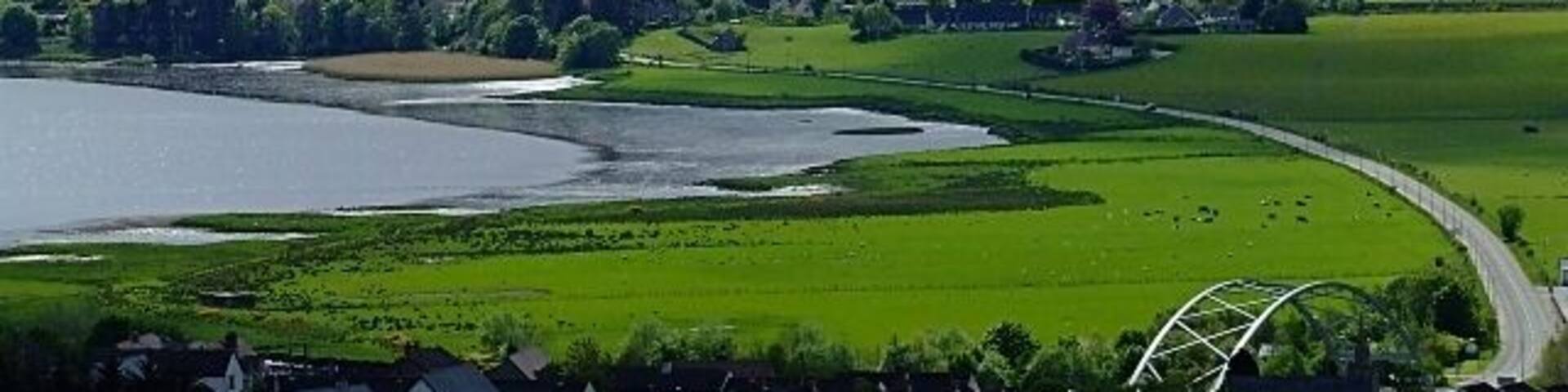 A zoom of Ardgay from the top of Bonar Taken from the wartime bunker, showing the Bonar Bridge and the west part of Ardgay Village.