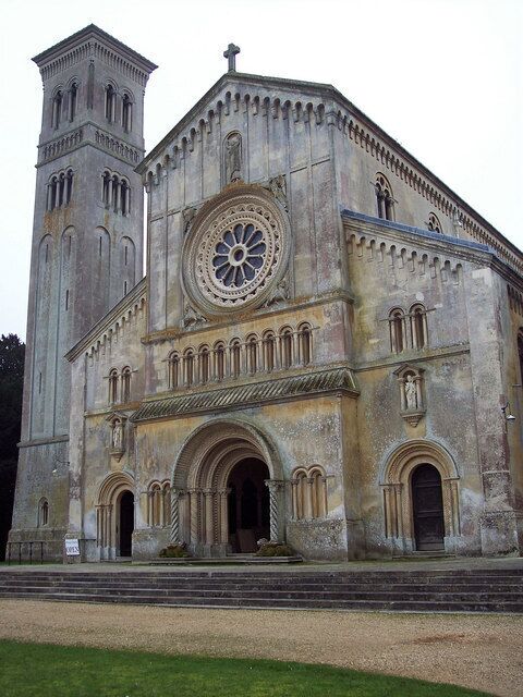 Front of the Church of England parish church of Saints Mary and Nicholas, Wilton, Wiltshire. The church was designed by Thomas Henry Wyatt and D Brandon in a north Italian Romanesque style. It was built between 1841 and 1844 for the Countess of Pembroke and her son Baron Herbert of Lea.