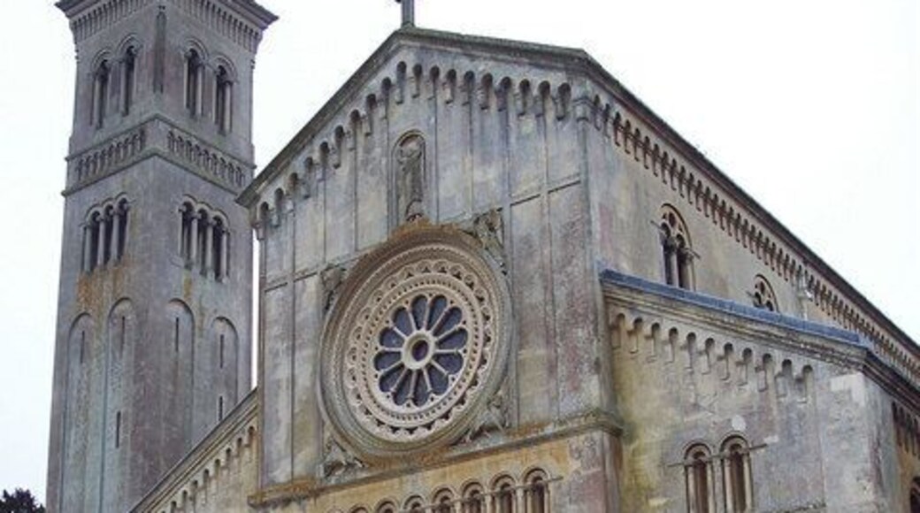 Front of the Church of England parish church of Saints Mary and Nicholas, Wilton, Wiltshire. The church was designed by Thomas Henry Wyatt and D Brandon in a north Italian Romanesque style. It was built between 1841 and 1844 for the Countess of Pembroke and her son Baron Herbert of Lea.