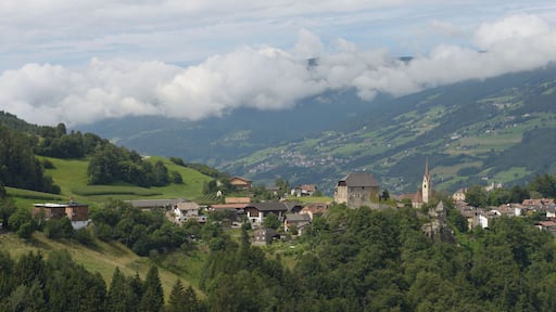 Hamlet Gufidaun as seen from the Brunnerhof farmhouse in Naven, South Tyrol.