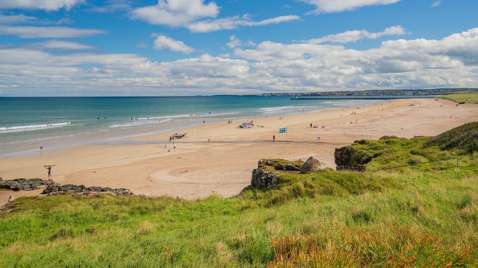 A coastal beach with people, a lifeguard tower, and a rocky outcrop.