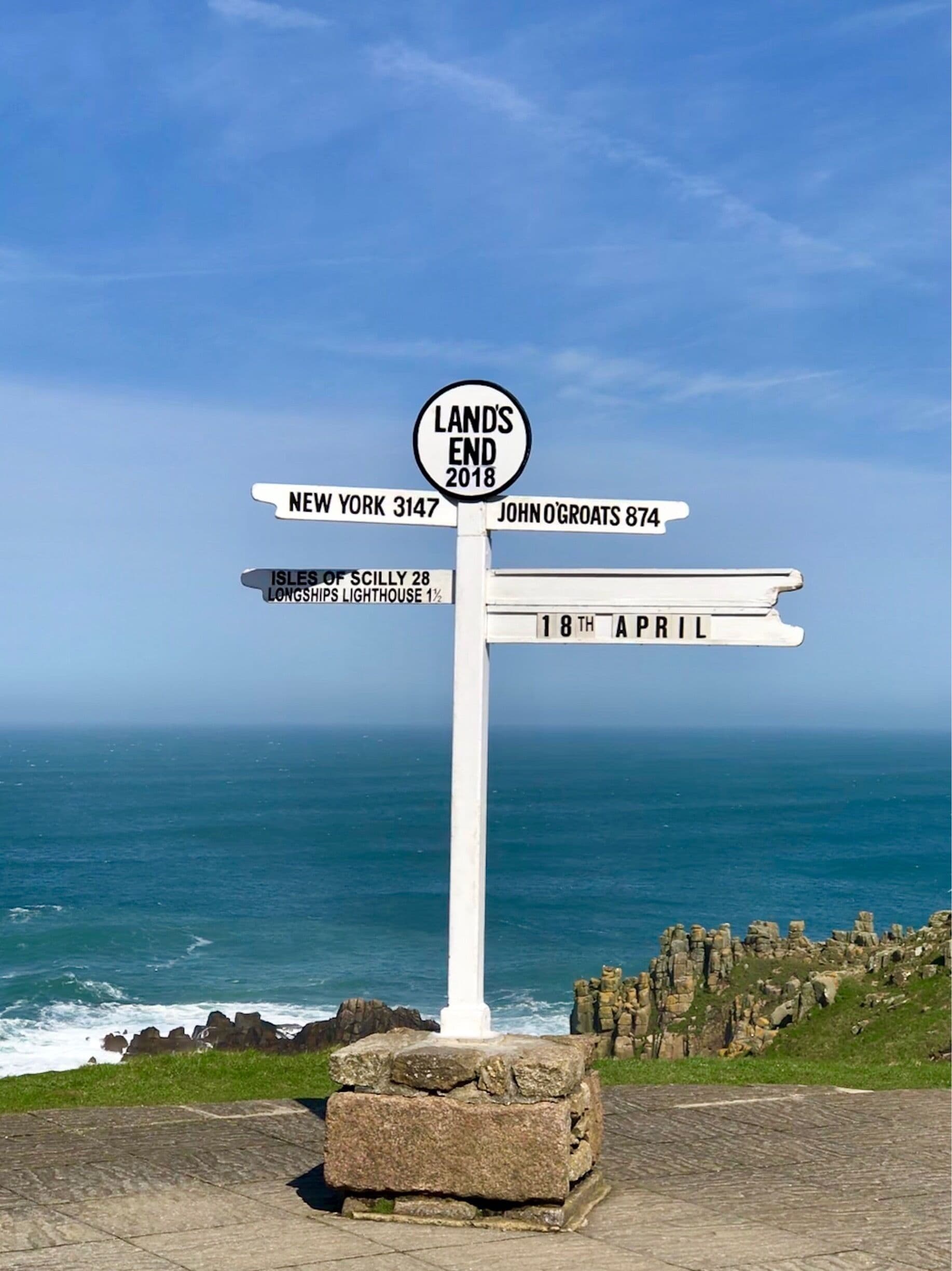 A directional signpost with destinations and dates.