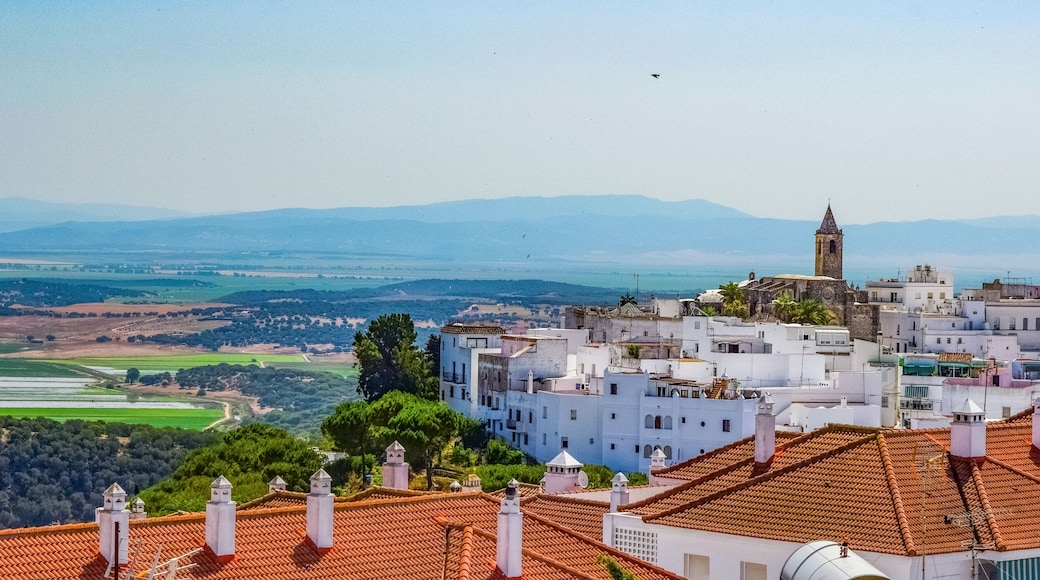 A coastal town with white buildings, a prominent tower, terracotta rooftops, and a view of the sea and distant mountains.