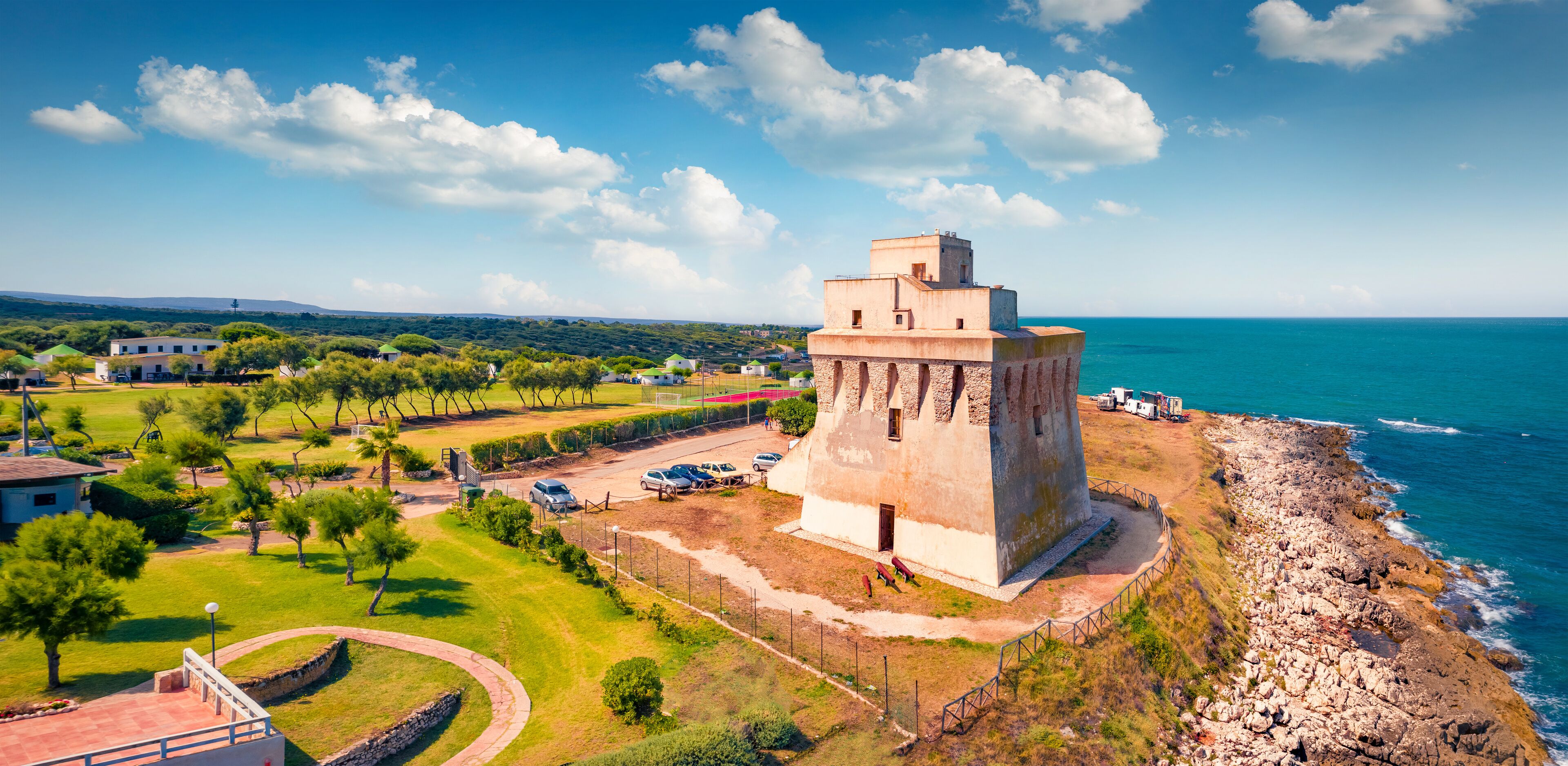 View from flying drone of Torre Mileto tower. Aerial summer scene of Apulia, Italy, Europe. Traveling concept background..