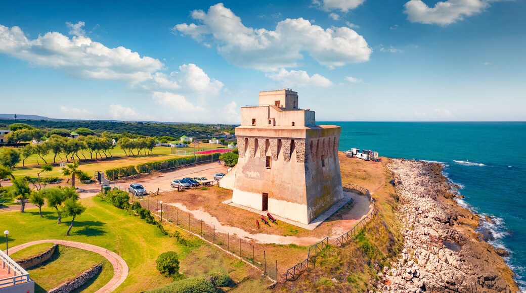View from flying drone of Torre Mileto tower. Aerial summer scene of Apulia, Italy, Europe. Traveling concept background..