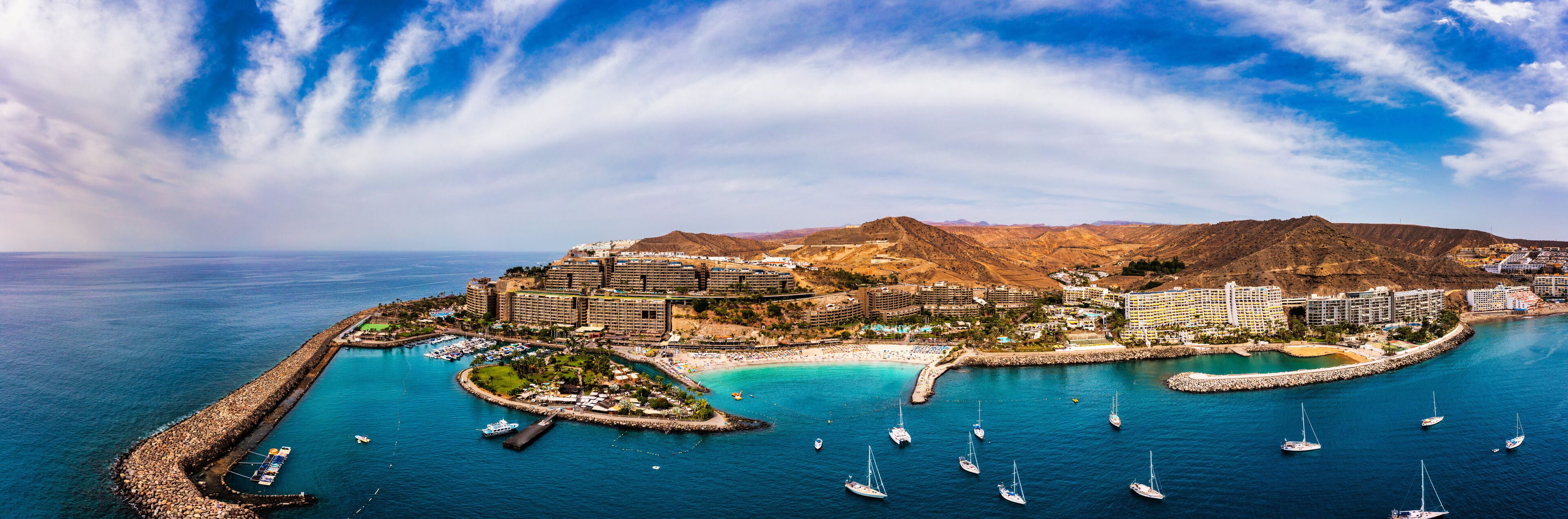 Aerial view with Anfi beach and resort, Gran Canaria, Spain. Playa Anfi del Mar, beautifull beach on Gran Canaria Island, Spain. Beach Anfi del Mar on Gran Canaria, Canary Islands, Spain.