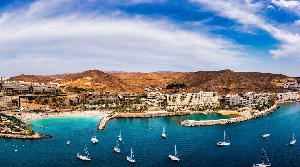 Aerial view with Anfi beach and resort, Gran Canaria, Spain. Playa Anfi del Mar, beautifull beach on Gran Canaria Island, Spain. Beach Anfi del Mar on Gran Canaria, Canary Islands, Spain.