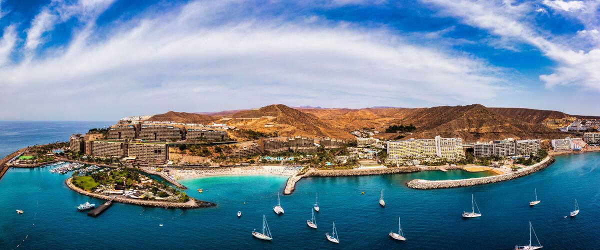 Aerial view with Anfi beach and resort, Gran Canaria, Spain. Playa Anfi del Mar, beautifull beach on Gran Canaria Island, Spain. Beach Anfi del Mar on Gran Canaria, Canary Islands, Spain.