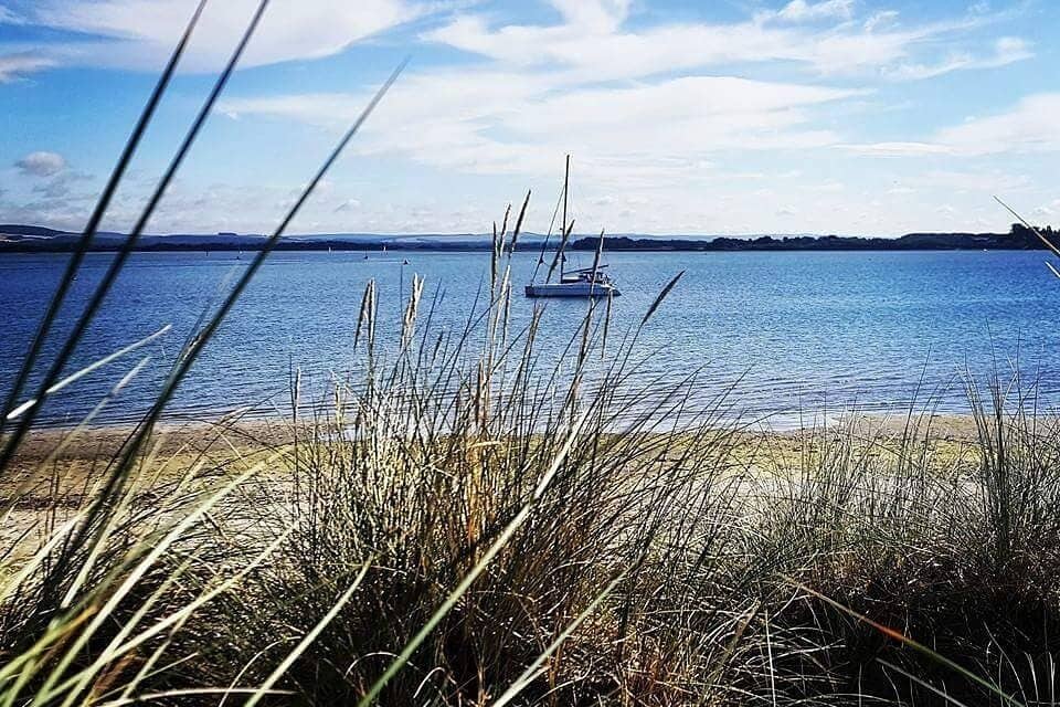 A calm lake with a sailboat in the distance, surrounded by grassy dunes.