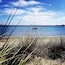 En rolig sø med en sejlbåd i det fjerne, omgivet af græssede klitter.