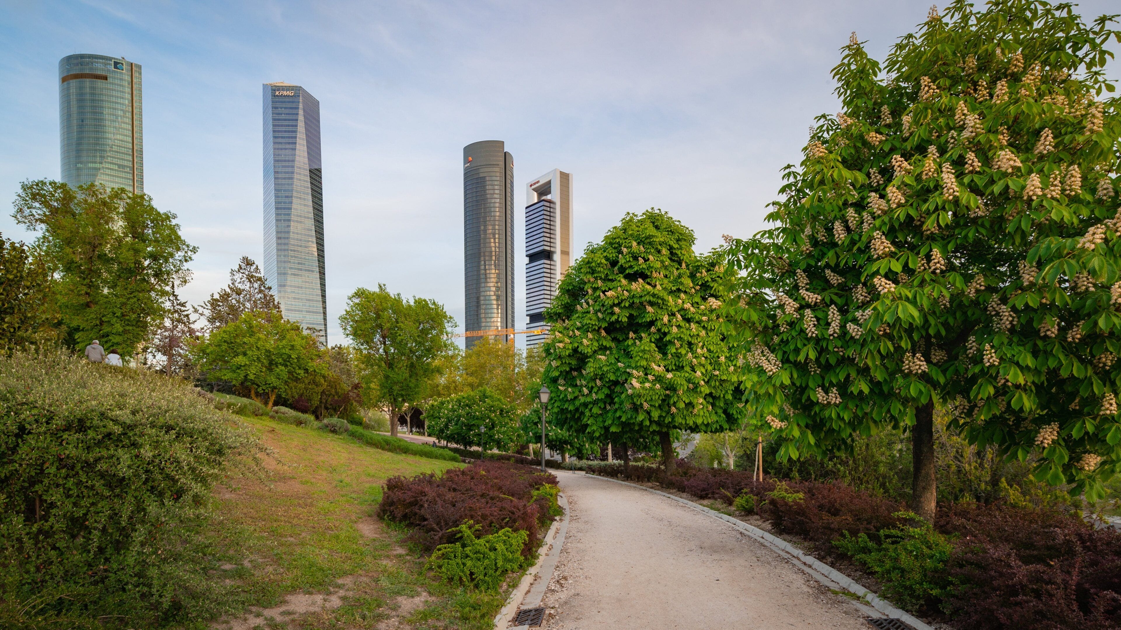 Four Towers Business Area which includes a skyscraper and a garden