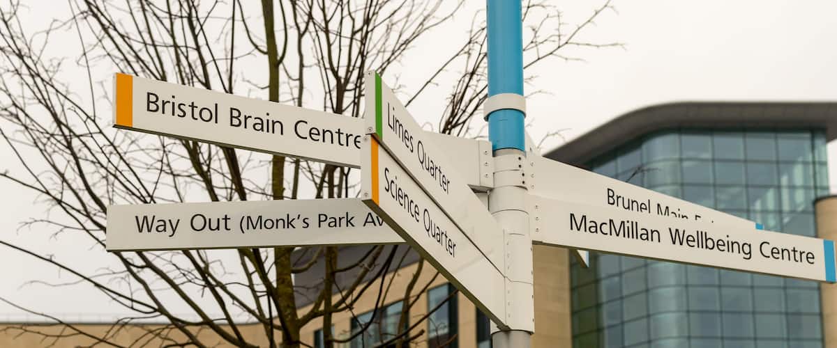Bristol Southmead Hospital Direction Sign Brunel Quarter A, Way out, Bristol Brain Centre, Bristol Breast Care Centre, MacMillan Wellbeing Centre, Limes Quarter, Science Quarter