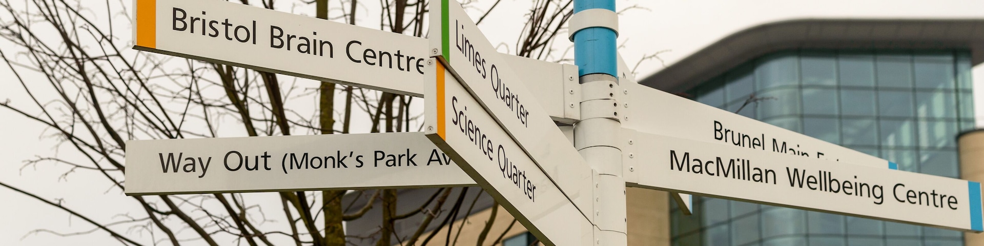Bristol Southmead Hospital Direction Sign Brunel Quarter A, Way out, Bristol Brain Centre, Bristol Breast Care Centre, MacMillan Wellbeing Centre, Limes Quarter, Science Quarter