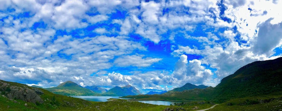 Heading from Loch Torridon to Shieldaig the narrow road with passing places rounds the headland with a last look back towards Beinn Alligin and the surrounding mountains on Loch Torridon,
#BSVblue