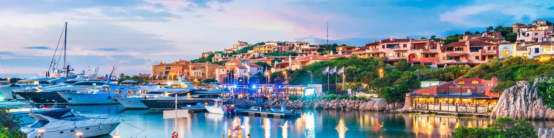 View of harbor and village Porto Cervo, Sardinia island, Italy