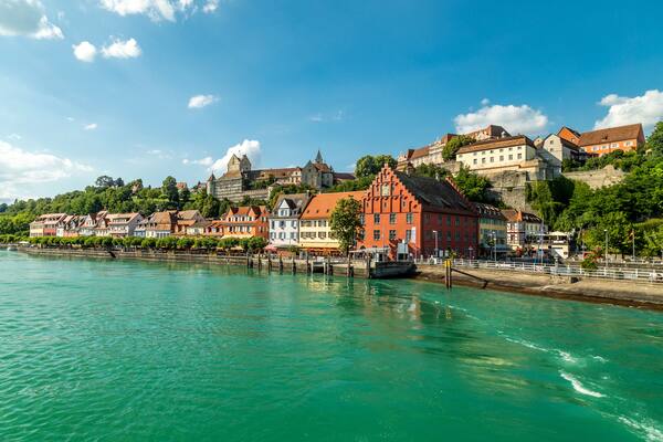 Meersburg, town in the German state of Baden-Wurttemberg on the shore of Lake Constance (Bodensee), famous for a Medieval Meersburg Castle. As seen from a ferry to Konstanz, Shutterstock ID 1132409285, Purchase Order: -