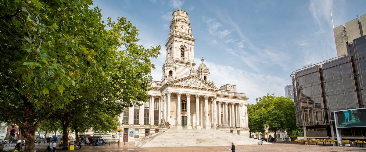 Portsmouth Guildhall showing a square or plaza and heritage architecture