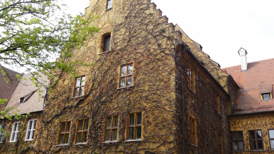 Een historisch pand met een muur begroeid met klimop en traditionele architectuur.