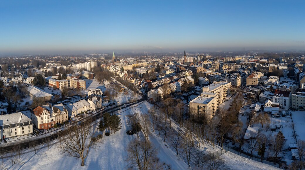 Bochum Wattenscheid town center, aerial snowy winter panorama cityscape