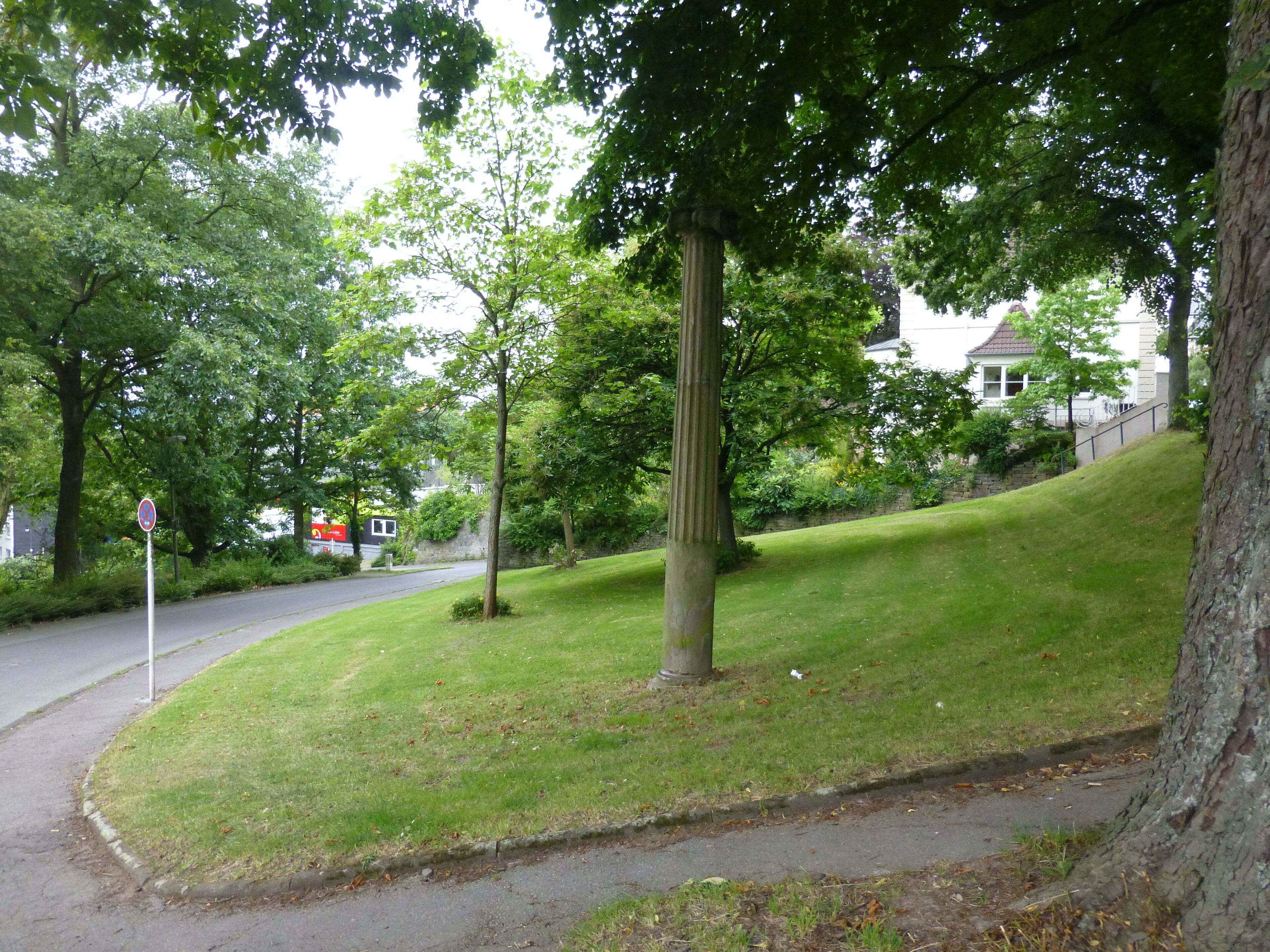 A suburban street with a no parking sign, a grassy hill, and a house in the background.