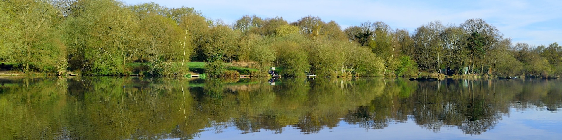 Ein ruhiger Fluss spiegelt Bäume und einen klaren Himmel wider.