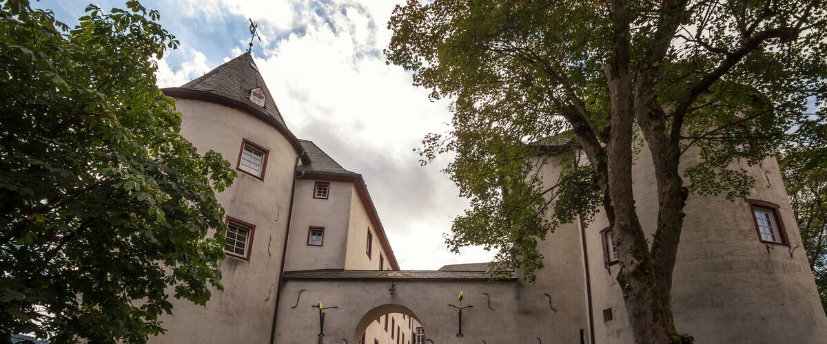 A historic building with a stone wall, a large tree, and a clear sky.
