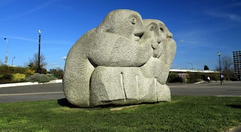 Statue by Ronald Rae in front of the Milton Keynes Central railway station in spring 2013, England, Great Britain.