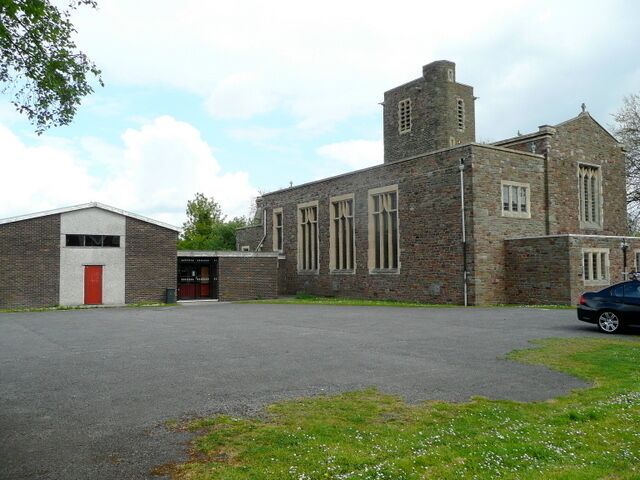 St Andrew's parish church (right) and church hall (left), Avonmouth, Bristol, seen from the west