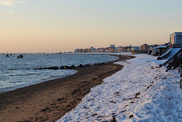 Snowy Thorpe Bay Looking west towards Southend.