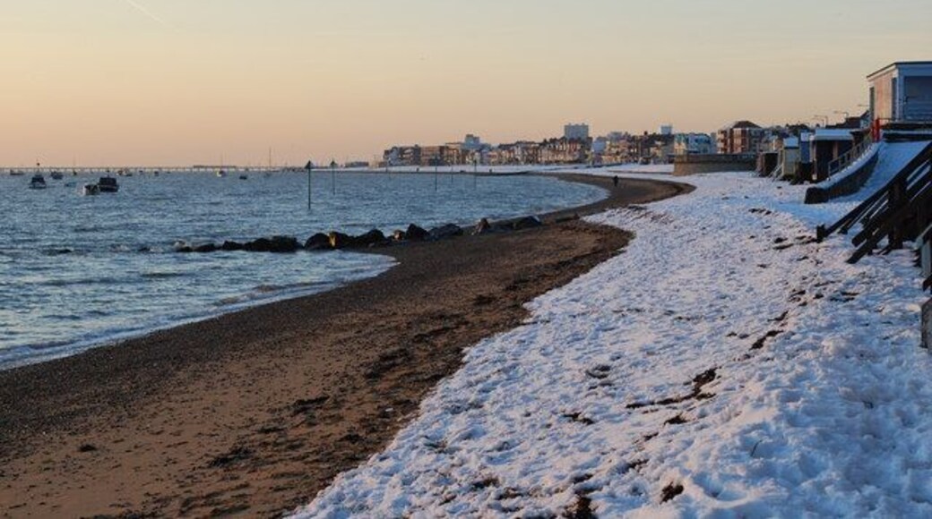 Snowy Thorpe Bay Looking west towards Southend.
