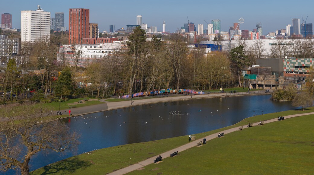 Un río con patos, un parque con bancos y un horizonte urbano al fondo.