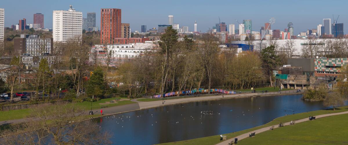 Aerial view of boating lake and leisure areas in Cannon Hill Park of Birmingham, UK.
