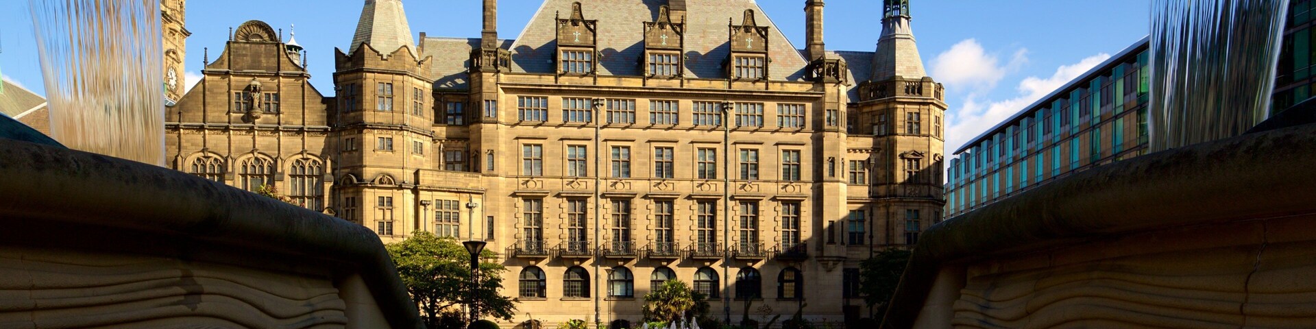 Sheffield which includes heritage architecture and a fountain