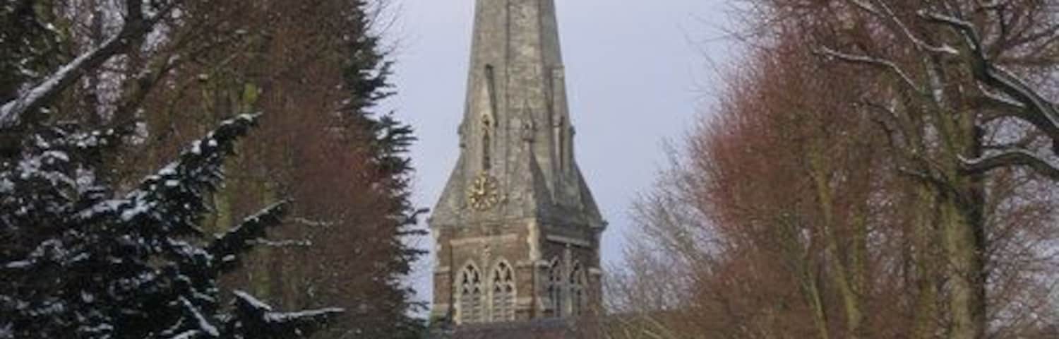 St Mary's parish church, Selly Oak, Birmingham, England, in snow. The spire is a local landmark.