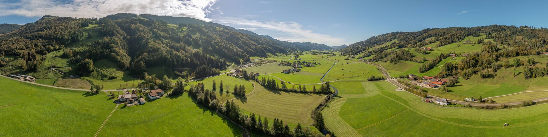 aerial panoramic view of the Konstanzer Tal in the Allgaeu Alps next to Thalkirchdorf, Bavaria, Germany
