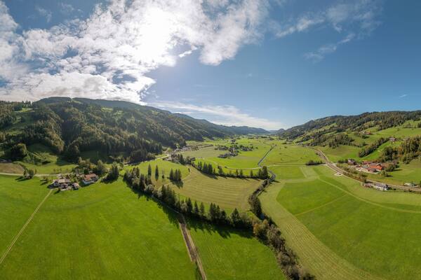 aerial panoramic view of the Konstanzer Tal in the Allgaeu Alps next to Thalkirchdorf, Bavaria, Germany