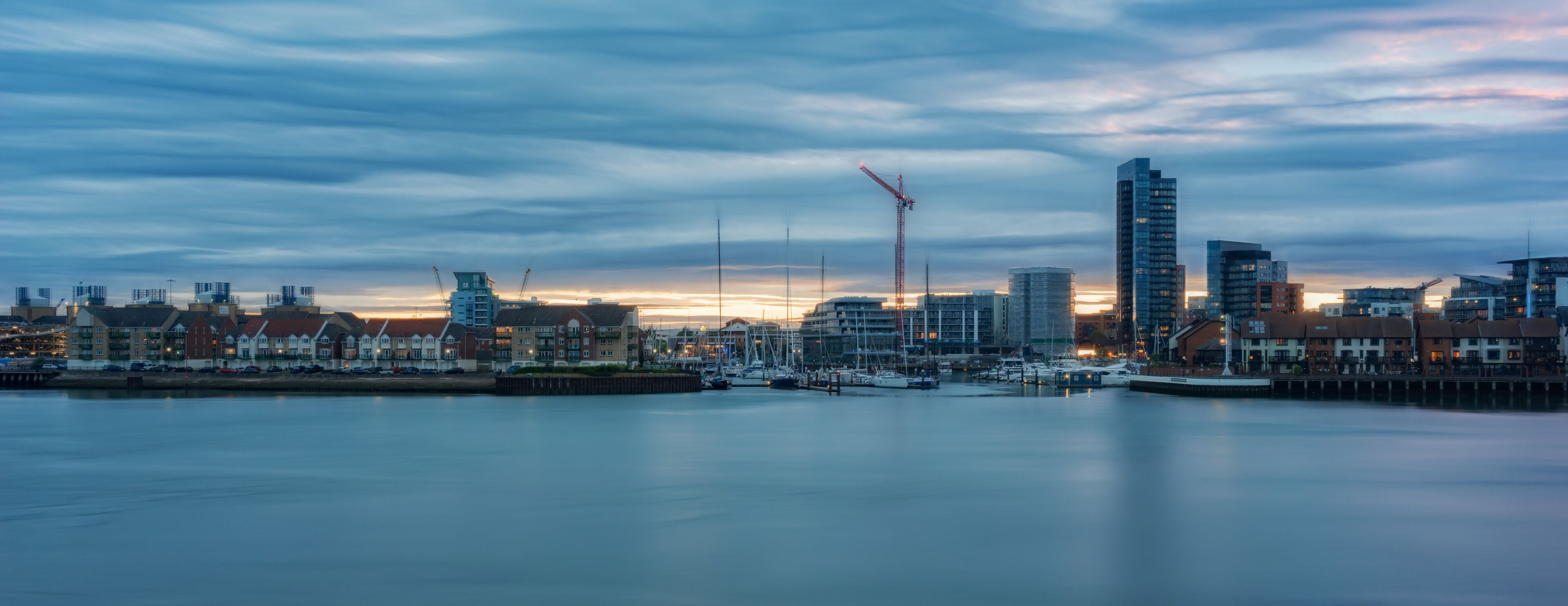 Southampton docks and Ocean Village marina at sunset on a warm summer's evening