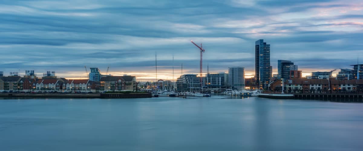 Southampton docks and Ocean Village marina at sunset on a warm summer's evening