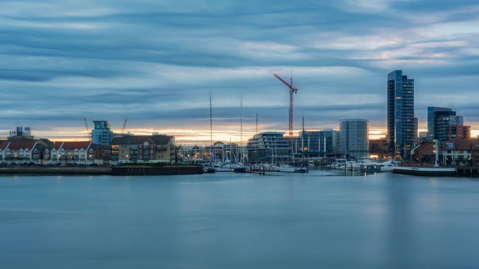 Southampton docks and Ocean Village marina at sunset on a warm summer's evening