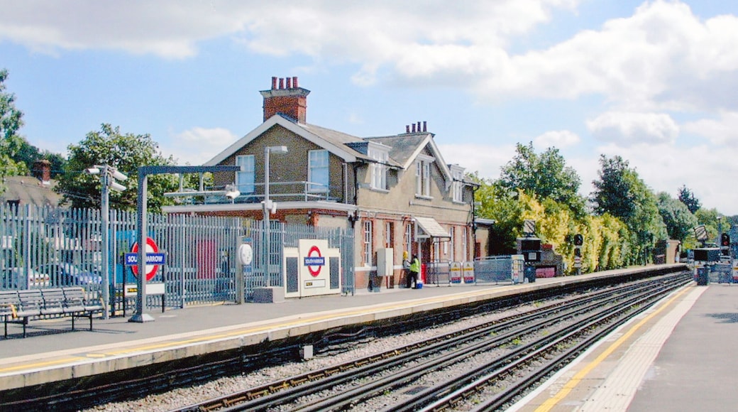 South Harrow station, Piccadilly Line. View southward on the line from Uxbridge and Rayners Lane, towards Acton Town, Piccadilly Circus, King's Cross St Pancras and Cockfosters: London Underground. The Station House is privately occupied