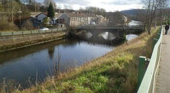 River Taff, Treforest, Pontypridd. A view from River Street looking towards a footbridge across the River Taff.