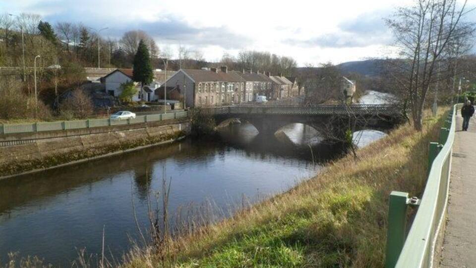 River Taff, Treforest, Pontypridd. A view from River Street looking towards a footbridge across the River Taff.