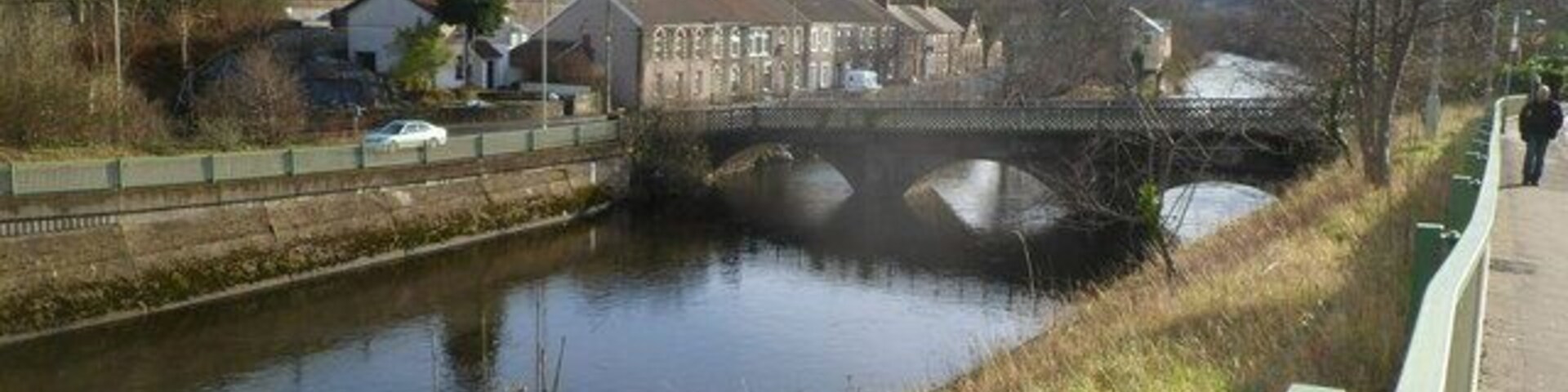 River Taff, Treforest, Pontypridd. A view from River Street looking towards a footbridge across the River Taff.