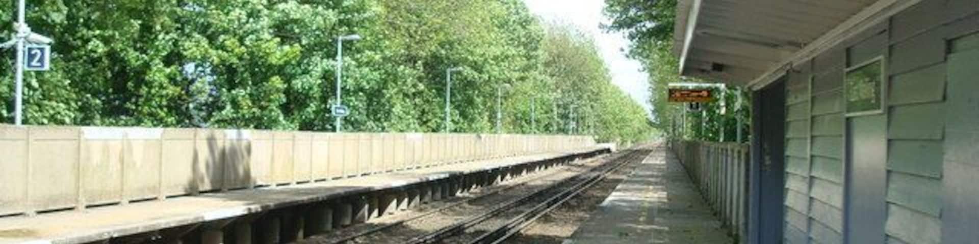 A train station platform with tracks, a shelter, and trees in the background.