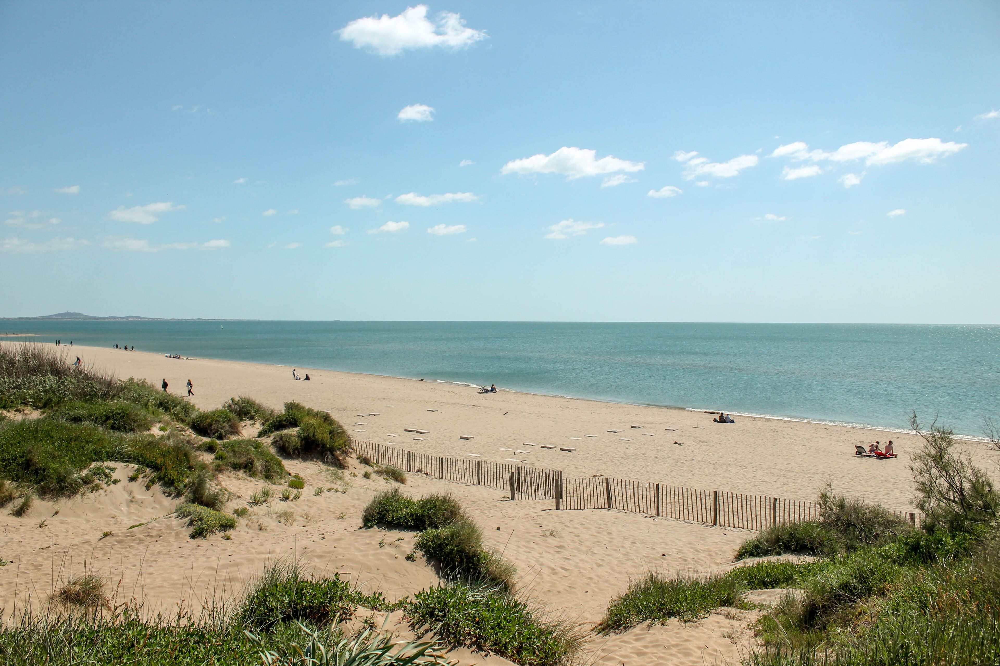 A sandy beach with a wooden fence, people walking, and the ocean in the background.