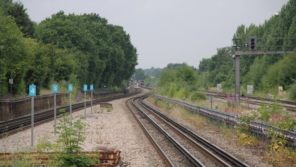Looking west along the Central Line at South Ruislip railway station.