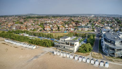A coastal town with residential houses, a marina, and a modern building.